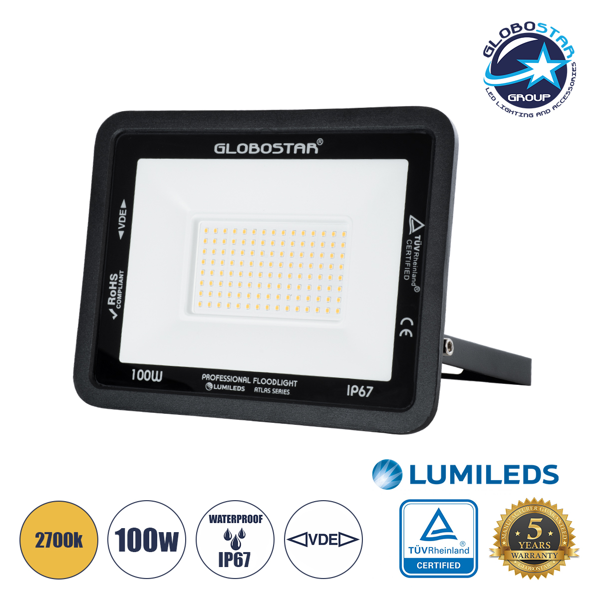 LEDTM® ATLAS 61427 Προβολέας LED 100W 11500lm 120° AC 220-240V Αδιάβροχο IP67 Θερμό Λευκό 2700K - Lumileds SMD Chip - TÜV Rheinland Certified - Μαύρο Ματ - Μ27 x Π4 x Υ21cm - 5 Χρόνια Εγγύηση