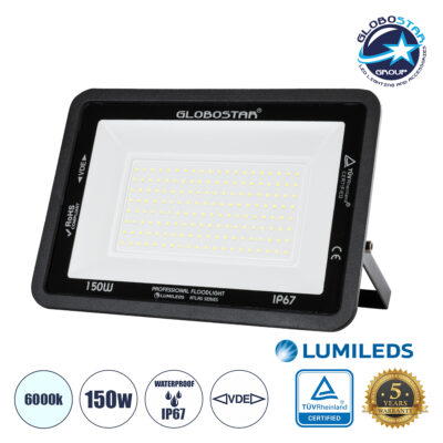 LEDTM® ATLAS 61428 Προβολέας LED 150W 18750lm 120° AC 220-240V Αδιάβροχο IP67 Ψυχρό Λευκό 6000K - Lumileds SMD Chip - TÜV Rheinland Certified - Μαύρο Ματ - Μ32 x Π4 x Υ23cm - 5 Χρόνια Εγγύηση