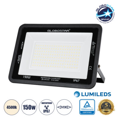 LEDTM® ATLAS 61429 Προβολέας LED 150W 18000lm 120° AC 220-240V Αδιάβροχο IP67 Φυσικό Λευκό Ματ 4500K - Lumileds SMD Chip - TÜV Rheinland Certified - Μαύρο Ματ - Μ32 x Π4 x Υ23cm - 5 Χρόνια Εγγύηση