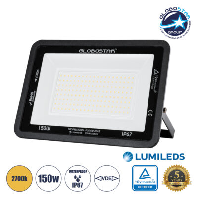 LEDTM® ATLAS 61430 Προβολέας LED 150W 17250lm 120° AC 220-240V Αδιάβροχο IP67 Θερμό Λευκό 2700K - Lumileds SMD Chip - TÜV Rheinland Certified - Μαύρο Ματ - Μ32 x Π4 x Υ23cm - 5 Χρόνια Εγγύηση