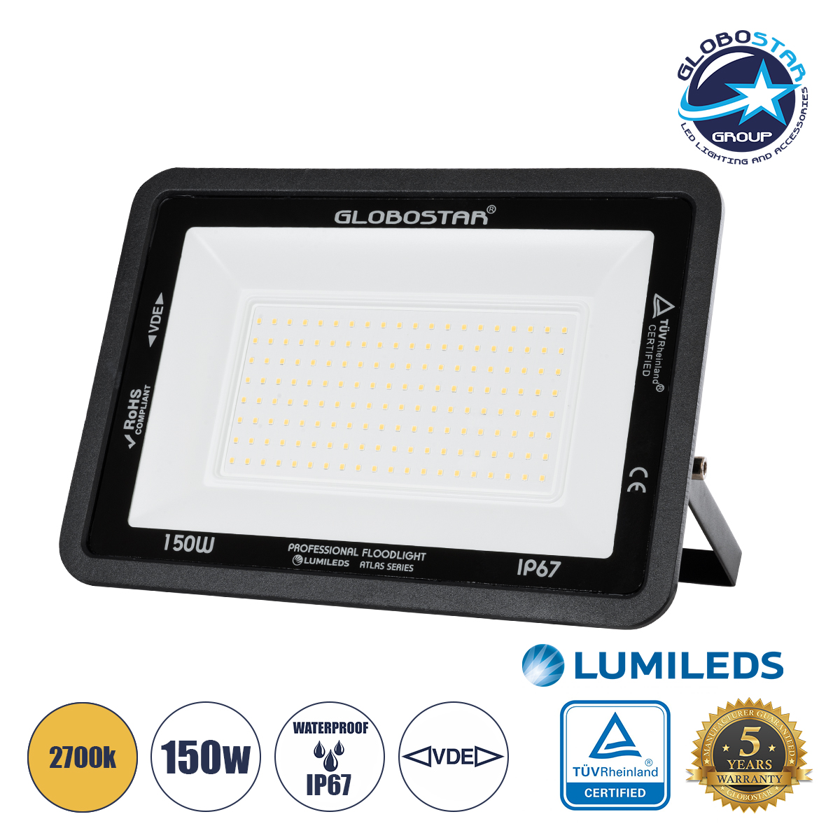 LEDTM® ATLAS 61430 Προβολέας LED 150W 17250lm 120° AC 220-240V Αδιάβροχο IP67 Θερμό Λευκό 2700K - Lumileds SMD Chip - TÜV Rheinland Certified - Μαύρο Ματ - Μ32 x Π4 x Υ23cm - 5 Χρόνια Εγγύηση