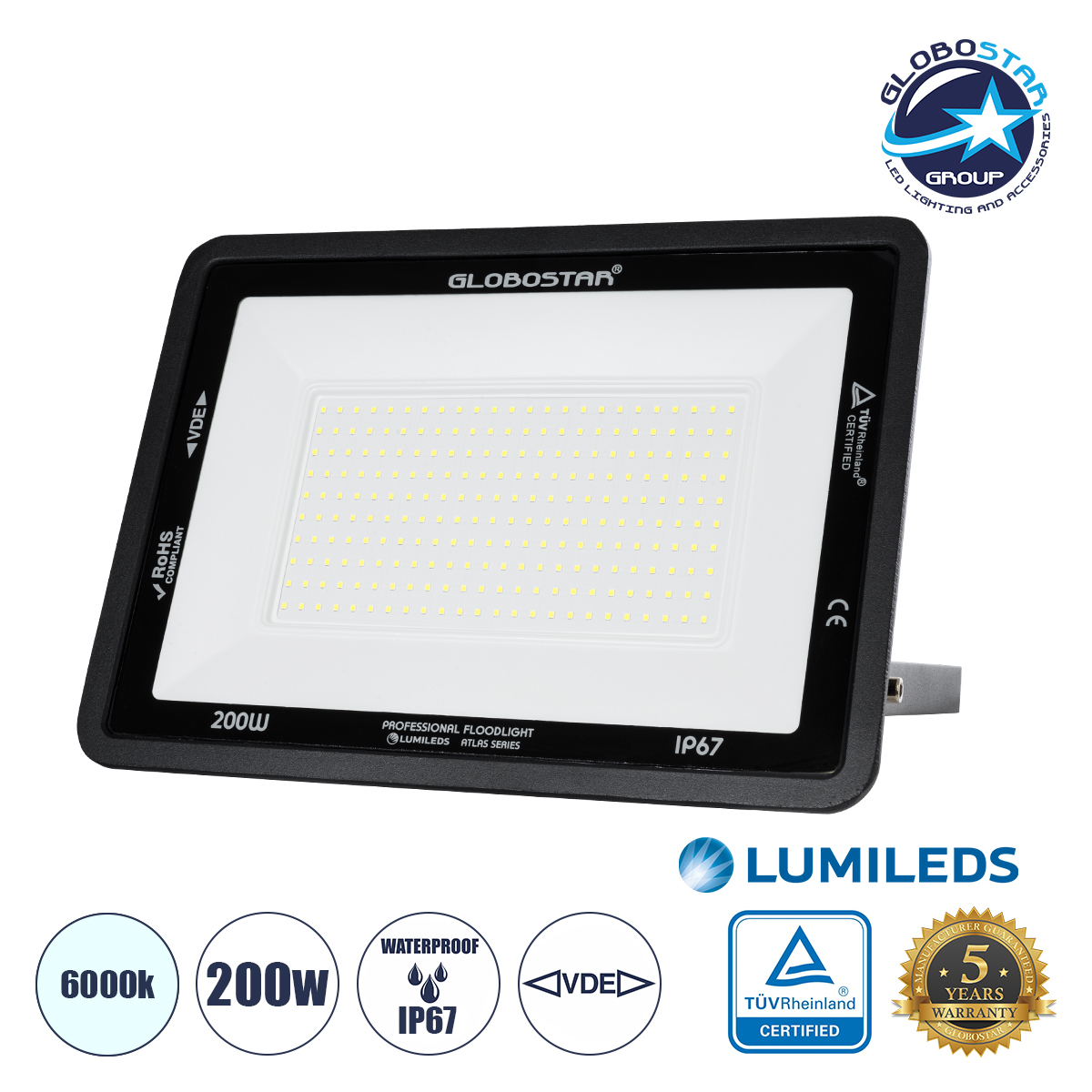 LEDTM® ATLAS 61431 Προβολέας LED 200W 25000lm 120° AC 220-240V Αδιάβροχο IP67 Ψυχρό Λευκό 6000K - Lumileds SMD Chip - TÜV Rheinland Certified - Μαύρο Ματ - Μ38 x Π4 x Υ28cm - 5 Χρόνια Εγγύηση