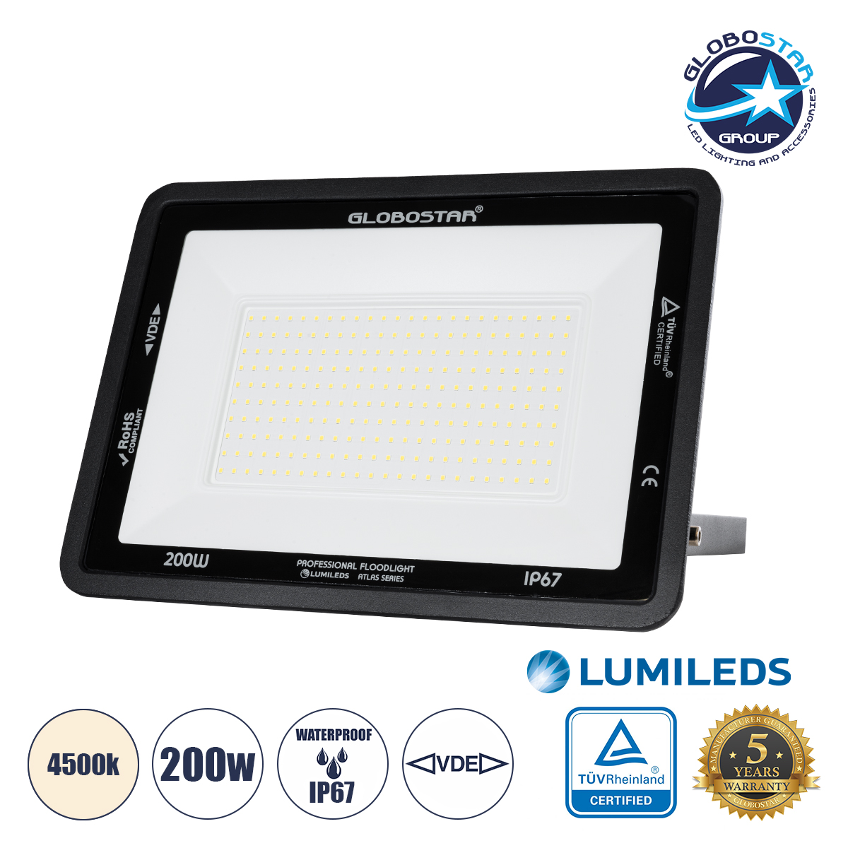 LEDTM® ATLAS 61432 Προβολέας LED 200W 24000lm 120° AC 220-240V Αδιάβροχο IP67 Φυσικό Λευκό 4500K - Lumileds SMD Chip - TÜV Rheinland Certified - Μαύρο Ματ - Μ38 x Π4 x Υ28cm - 5 Χρόνια Εγγύηση