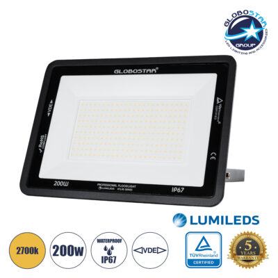 LEDTM® ATLAS 61433 Προβολέας LED 200W 23000lm 120° AC 220-240V Αδιάβροχο IP67 Θερμό Λευκό 2700K - Lumileds SMD Chip - TÜV Rheinland Certified - Μαύρο Ματ - Μ38 x Π4 x Υ28cm - 5 Χρόνια Εγγύηση