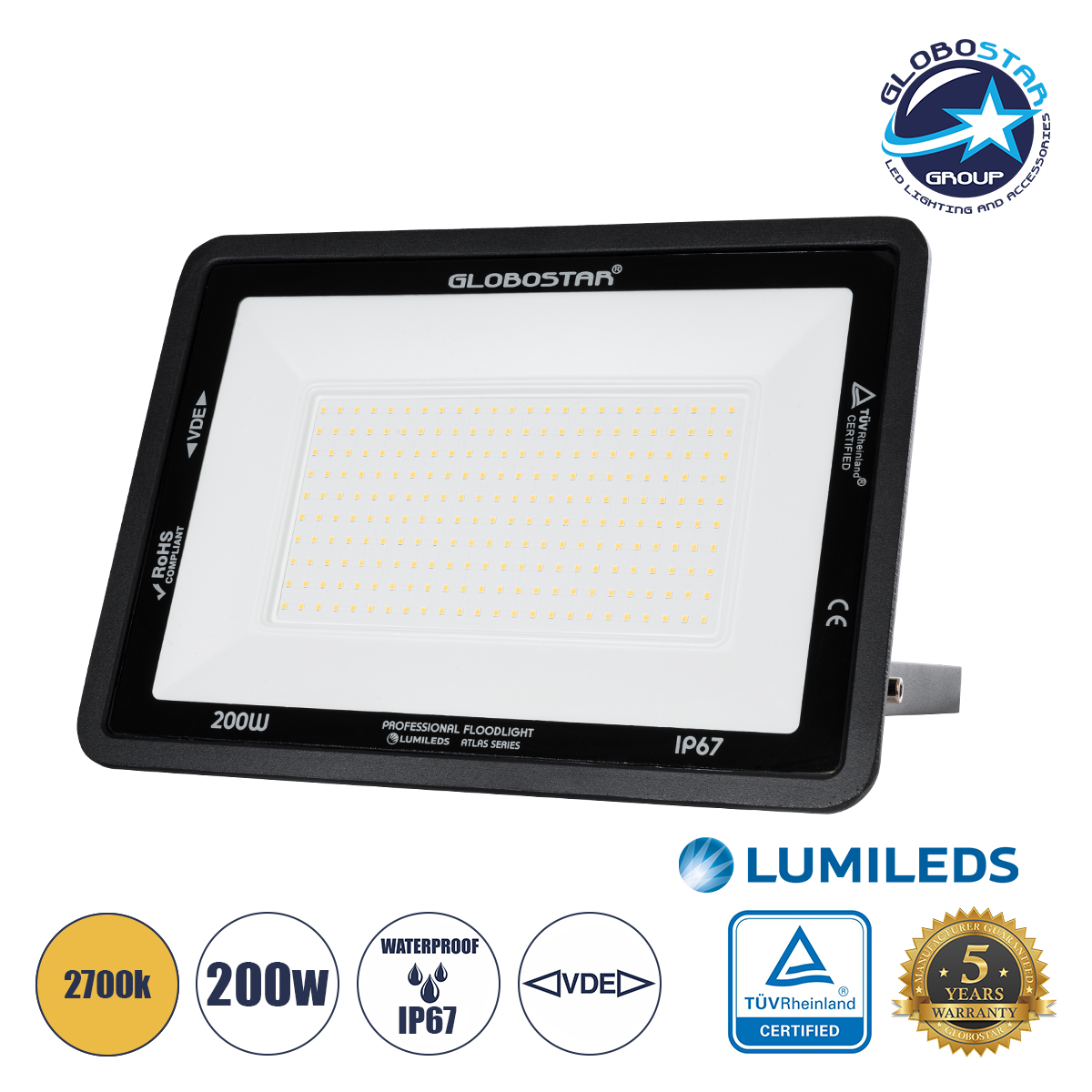LEDTM® ATLAS 61433 Προβολέας LED 200W 23000lm 120° AC 220-240V Αδιάβροχο IP67 Θερμό Λευκό 2700K - Lumileds SMD Chip - TÜV Rheinland Certified - Μαύρο Ματ - Μ38 x Π4 x Υ28cm - 5 Χρόνια Εγγύηση