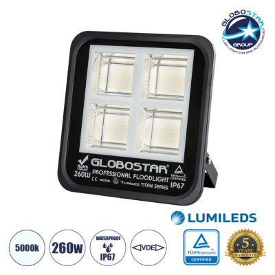 LEDTM® TITAN 61434 Προβολέας για Γήπεδα Tennis & Ποδοσφαίρου 5x5 LED 260W 32500lm 60°x90° AC 220-240V Αδιάβροχο IP67 Φυσικό Λευκό 5000K - Lumileds SMD Chip - TÜV Rheinland Certified - Μαύρο Ματ - Μ30 x Π8 x Υ28cm - 5 Χρόνια Εγγύηση