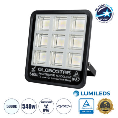 LEDTM® TITAN 61436 Προβολέας για Γήπεδα Tennis & Ποδοσφαίρου 5x5 LED 540W 67500lm 60°x90° AC 220-240V Αδιάβροχο IP67 Φυσικό Λευκό 5000K - Lumileds SMD Chip - TÜV Rheinland Certified - Μαύρο Ματ - Μ38 x Π8 x Υ42cm - 5 Χρόνια Εγγύηση
