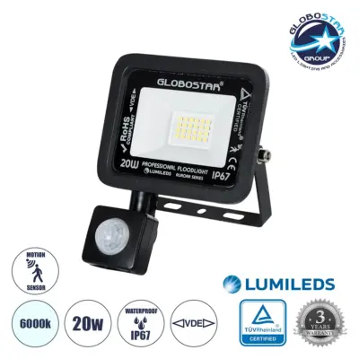 LEDTM® AURORA 64137 Προβολέας με Ανιχνευτή PIR / Αισθητήρα Κίνησης LED 20W 2500lm 120° AC 220-240V Αδιάβροχο IP67 Ψυχρό Λευκό 6000K - Lumileds SMD Chip - TÜV Rheinland Certified - Μαύρο Ματ - Μ12 x Π5 x Υ14.5cm - 3 Χρόνια Εγγύηση