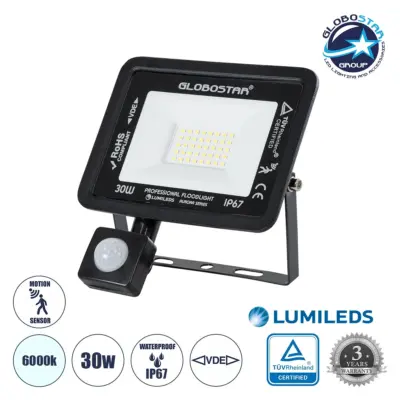 LEDTM® AURORA 61439 Προβολέας με Ανιχνευτή PIR / Αισθητήρα Κίνησης LED 30W 3750lm 120° AC 220-240V Αδιάβροχο IP67 Ψυχρό Λευκό 6000K - Lumileds SMD Chip - TÜV Rheinland Certified - Μαύρο Ματ - Μ16 x Π5 x Υ17.5cm - 3 Χρόνια Εγγύηση