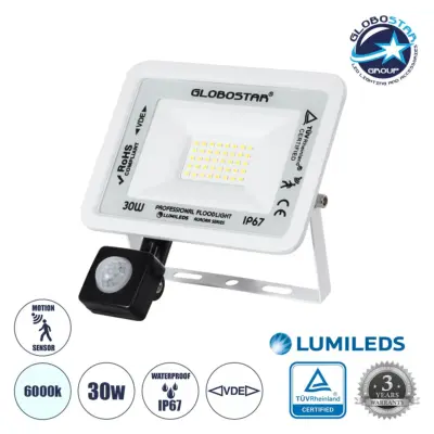 LEDTM® AURORA 64440 Προβολέας με Ανιχνευτή PIR / Αισθητήρα Κίνησης LED 30W 3750lm 120° AC 220-240V Αδιάβροχο IP67 Ψυχρό Λευκό 6000K - Lumileds SMD Chip - TÜV Rheinland Certified - Λευκό Ματ - Μ16 x Π5 x Υ17.5cm - 3 Χρόνια Εγγύηση
