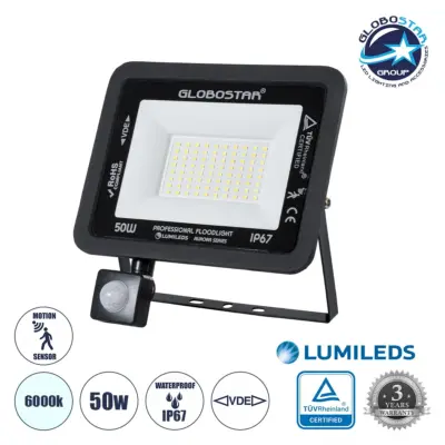 LEDTM® AURORA 61441 Προβολέας με Ανιχνευτή PIR / Αισθητήρα Κίνησης LED 50W 6250lm 120° AC 220-240V Αδιάβροχο IP67 Ψυχρό Λευκό 6000K - Lumileds SMD Chip - TÜV Rheinland Certified - Μαύρο Ματ - Μ21 x Π5 x Υ21cm - 3 Χρόνια Εγγύηση