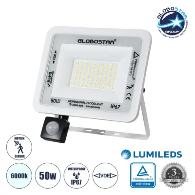 LEDTM® AURORA 61442 Προβολέας με Ανιχνευτή PIR / Αισθητήρα Κίνησης LED 50W 6250lm 120° AC 220-240V Αδιάβροχο IP67 Ψυχρό Λευκό 6000K - Lumileds SMD Chip - TÜV Rheinland Certified - Λευκό Ματ - Μ21 x Π5 x Υ21cm - 3 Χρόνια Εγγύηση