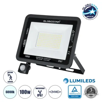 LEDTM® AURORA 61443 Προβολέας με Ανιχνευτή PIR / Αισθητήρα Κίνησης LED 100W 12500lm 120° AC 220-240V Αδιάβροχο IP67 Ψυχρό Λευκό 6000K - Lumileds SMD Chip - TÜV Rheinland Certified - Μαύρο Ματ - Μ25 x Π6.5 x Υ27.5cm - 3 Χρόνια Εγγύηση