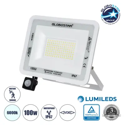 LEDTM® AURORA 61444 Προβολέας με Ανιχνευτή PIR / Αισθητήρα Κίνησης LED 100W 12500lm 120° AC 220-240V Αδιάβροχο IP67 Ψυχρό Λευκό 6000K - Lumileds SMD Chip - TÜV Rheinland Certified - Λευκό Ματ - Μ25 x Π6.5 x Υ27.5cm - 3 Χρόνια Εγγύηση