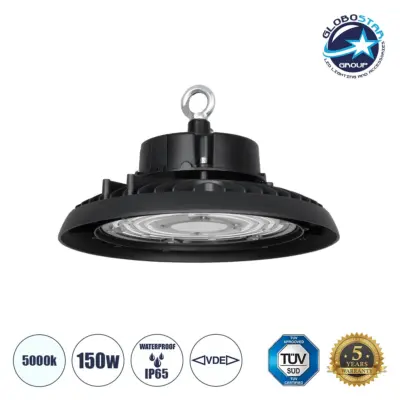 LEDTM® INDUSTRY 61501 Βιομηχανικό Φωτιστικό Καμπάνα High Bay UFO LED 150W 22500lm 90° AC 220-240V Αδιάβροχο IP65 Φυσικό Λευκό 5000K - Sanan Opto SMD Chip & TÜV SÜD Driver - Μαύρο Ματ - Μ26.5 x Π26.5 x Υ15cm - 5 Χρόνια Εγγύηση