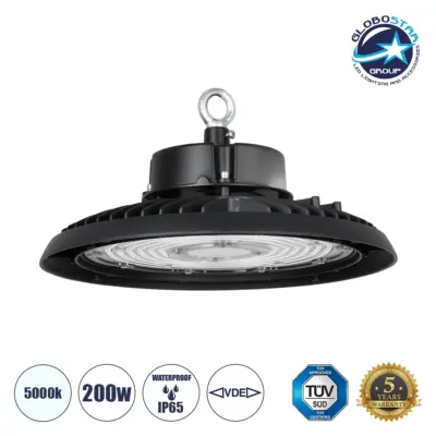 LEDTM® INDUSTRY 61502 Βιομηχανικό Φωτιστικό Καμπάνα High Bay UFO LED 200W 30000lm SDCM<5 90° AC 85-265V Αδιάβροχο IP65 IK08 Φυσικό Λευκό 5000K - 338 x Sanan Opto SMD Chip & TÜV SÜD Driver - Μαύρο Χυτό Αλουμίνιο - Μ30 x Π30 x Υ16cm - 5 Χρόνια Εγγύηση