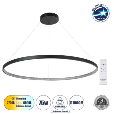 LEDTM® DIAMOND 61519 Μοντέρνο Κρεμαστό Φωτιστικό Οροφής LED 75W 8400lm 360° AC 220-240V IP20 Ρυθμιζόμενο Λευκό CCT με Χειριστήριο από 2700K έως 6000K Dimmable - Lumileds SMD Chip - Μαύρο Ματ - Μ100 x Π100 x Υ90cm - 3 Χρόνια Εγγύηση