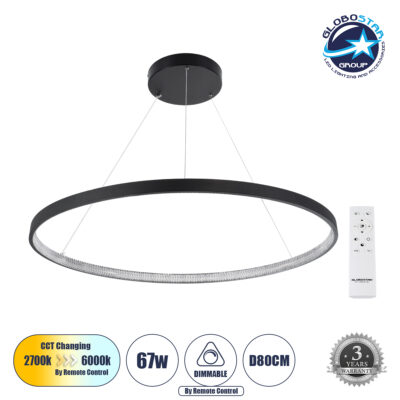 LEDTM® DIAMOND 61520 Μοντέρνο Κρεμαστό Φωτιστικό Οροφής LED 67W 7504lm 360° AC 220-240V IP20 Ρυθμιζόμενο Λευκό CCT με Χειριστήριο από 2700K έως 6000K Dimmable - Lumileds SMD Chip - Μαύρο Ματ - Μ80 x Π80 x Υ110cm - 3 Χρόνια Εγγύηση
