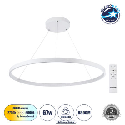LEDTM® DIAMOND 61521 Μοντέρνο Κρεμαστό Φωτιστικό Οροφής LED 67W 7504lm 360° AC 220-240V IP20 Ρυθμιζόμενο Λευκό CCT με Χειριστήριο από 2700K έως 6000K Dimmable - Lumileds SMD Chip - Λευκό Ματ - Μ80 x Π80 x Υ110cm - 3 Χρόνια Εγγύηση