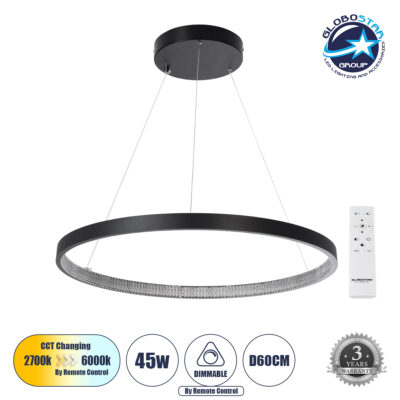 LEDTM® DIAMOND 61522 Μοντέρνο Κρεμαστό Φωτιστικό Οροφής LED 45W 5040lm 360° AC 220-240V IP20 Ρυθμιζόμενο Λευκό CCT με Χειριστήριο από 2700K έως 6000K Dimmable - Lumileds SMD Chip - Μαύρο Ματ - Μ60 x Π60 x Υ3cm - 3 Χρόνια Εγγύηση