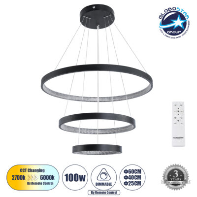 LEDTM® DIAMOND TRIO 61523 Μοντέρνο Κρεμαστό Φωτιστικό Οροφής LED 100W 11200lm 360° AC 220-240V IP20 Ρυθμιζόμενο Λευκό CCT με Χειριστήριο από 2700K έως 6000K Dimmable - Lumileds SMD Chip - Μαύρο Ματ - Μ90 x Π90 x Υ90cm - 3 Χρόνια Εγγύηση