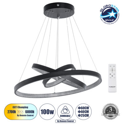 LEDTM® DIAMOND TRIO 61523-DECO Μοντέρνο Κρεμαστό Φωτιστικό Οροφής LED 100W 11200lm 360° AC 220-240V IP20 Ρυθμιζόμενο Λευκό CCT με Χειριστήριο από 2700K έως 6000K Dimmable - Lumileds SMD Chip - Μαύρο Ματ - Μ90 x Π90 x Υ90cm - 3 Χρόνια Εγγύηση