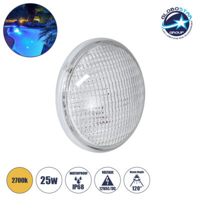 LEDTM® POOLANO 61535 Λάμπα LED Σποτ Πισίνας GX16D PAR56 25W 1875lm 120° AC/DC 12V Αδιάβροχο IP68 IK06 Tempered Glass Φ18 x Υ10cm Θερμό Λευκό 2700K - Bridgelux Chip - 3 Years Warranty