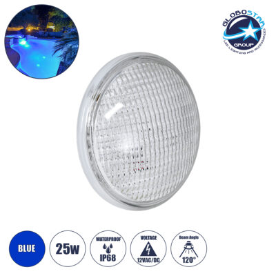 LEDTM® POOLANO 61536 Λάμπα LED Σποτ Πισίνας GX16D PAR56 25W 1750lm 120° AC/DC 12V Αδιάβροχο IP68 IK06 Tempered Glass Φ18 x Υ10cm Μπλε - Bridgelux Chip - 3 Years Warranty
