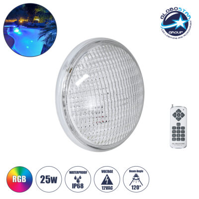 LEDTM® POOLANO 61537 Λάμπα LED Σποτ Πισίνας GX16D PAR56 25W 1750lm 120° AC 12V Αδιάβροχο IP68 IK06 Tempered Glass Φ18 x Υ10cm RGB με Ασύρματο Χειριστήριο RF 2.4Ghz Εμβέλειας 60 Μέτρων - Bridgelux Chip - 3 Years Warranty