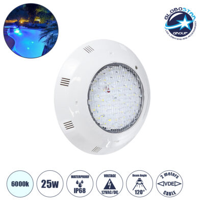 LEDTM® POOLETI 61538 Υποβρύχιο Φωτιστικό για Σιντριβάνια/Πισίνες LED 25W 2125lm 120° DC 12V Αδιάβροχο IP68 Ψυχρό Λευκό 6000K Dimmable - Bridgelux SMD Chip - 2m VDE Rubber Καλώδιο - Φ30 x Υ6.5cm - 3 Χρόνια Εγγύηση