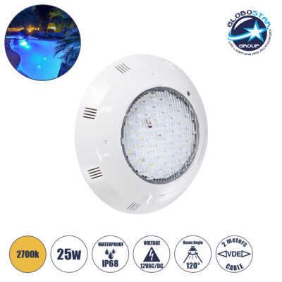 LEDTM® POOLETI 61540 Υποβρύχιο Φωτιστικό για Σιντριβάνια/Πισίνες LED 25W 1875lm 120° AC/DC 12V Αδιάβροχο IP68 Θερμό Λευκό 2700K Dimmable - 2m VDE Rubber Καλώδιο - Φ30 x Υ6.5cm - 3 Χρόνια Εγγύηση