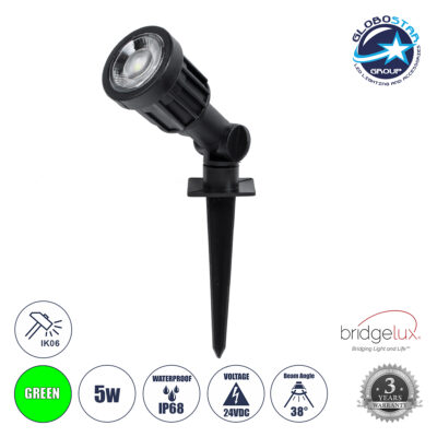 LEDTM® GARDENINI 61544 Φωτιστικό Σποτ για Φυτά - Δέντρα με Βάση Κήπου / Καρφωτό LED 5W 550lm 38° DC 24V Αδιάβροχο IP68 Πράσινο Dimmable - Lumileds SMD Chip - Μαύρο - Μ5.5 x Π5.5 x Υ13.5cm - 3 Χρόνια Εγγύηση