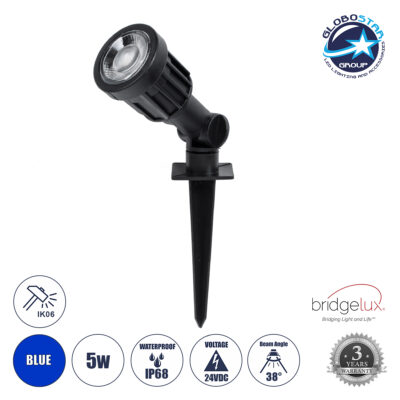 LEDTM® GARDENINI 61545 Φωτιστικό Σποτ για Φυτά - Δέντρα με Βάση Κήπου / Καρφωτό LED 5W 550lm 38° DC 24V Αδιάβροχο IP68 Μπλε Dimmable - Lumileds SMD Chip - Μαύρο - Μ5.5 x Π5.5 x Υ13.5cm - 3 Χρόνια Εγγύηση