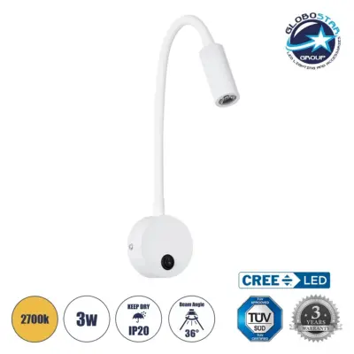 LEDTM® GOOSE 61688 Μοντέρνο Φωτιστικό Τοίχου - Απλίκα Ξενοδοχείου Reading Light LED 3W 300lm 36° AC 220-240V IP20 Θερμό Λευκό 2700K - CREE XPE Chip & TÜV SÜD Driver - Λευκό Ματ - Μ6.5 x Π15 x Υ24.5cm - 3 Χρόνια Εγγύηση