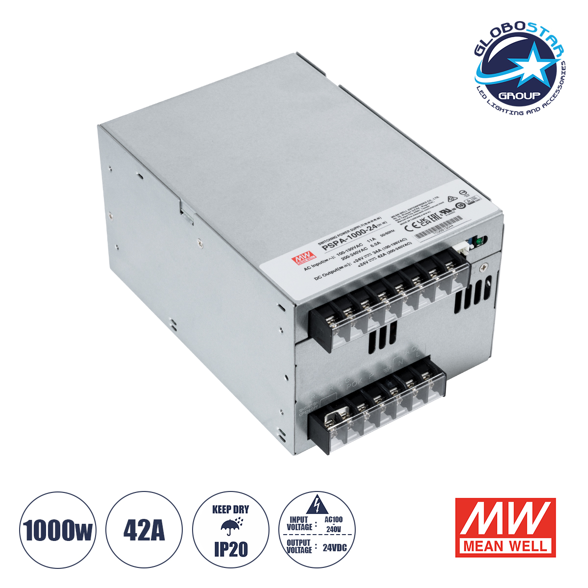 LEDTM® MEANWELL-PSPA1000-24 90792 Τροφοδοτικό/Μετασχηματιστής Class I PELV 1000W 42A AC 220-240V σε DC 24V IP20 - Ρυθμιζόμενo από DC 22V έως DC 28V - Ασημί - Μ17 x Π12 x Υ9.3cm - 3 Χρόνια Εγγύηση