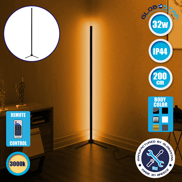 Μοντέρνο Minimal Επιδαπέδιο Μαύρο Φωτιστικό 200cm LED 32 Watt με Ασύρματο Χειριστήριο RF & Dimmer Θερμό Λευκό 3000k LEDTM ALIEN Design GLOBO-200-3
