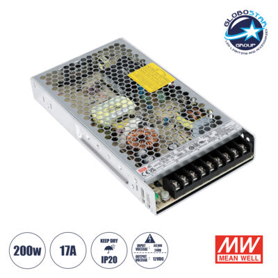 LEDTM® MEANWELL-LRS200-12 90782 Τροφοδοτικό/Μετασχηματιστής PELV 200W 17A DC 12V IP20 - AC 220-240V σε DC 12V / Ρυθμιζόμενo από DC 10.2V έως DC 13.8V - Μ21.5 x Π11.5 x Υ3cm - 3 Χρόνια Εγγύηση