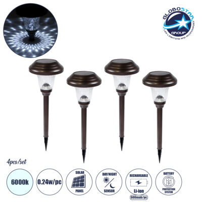 LEDTM® 69927 ΣΕΤ 4 Τεμαχίων Αυτόνομα Ηλιακά Φωτιστικά LED SMD 0.24W/Τεμ. 24lm/Τεμ. με Ενσωματωμένη Μπαταρία 600mAh - Φωτοβολταϊκό Πάνελ με Αισθητήρα Ημέρας-Νύχτας Αδιάβροχο IP65 Φανάρι Κήπου Στρογγυλό Ψυχρό Λευκό 6000K Φ12 x Υ23cm