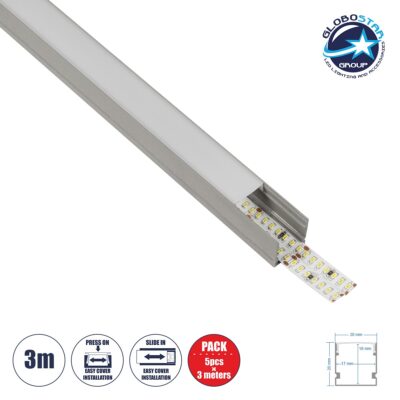 LEDTM® ALP-LINEAR GLOWTRACK 61798-3M Επιφανειακό Προφίλ Αλουμινίου με Λευκό Γαλακτερό Πατητό Κάλυμμα για Ταινίες LED IP20 - Γκρι Ανθρακί Ματ - Μ300 x Π2 x Υ2cm - Πακέτο 5 Τεμαχίων