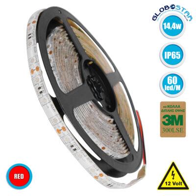 LEDTM® LUMAR 70124 Ταινία LED 14.4W/m 936lm/m 120° DC 12V Αδιάβροχη IP65 60 x SMD5050 Chip/m Κόκκινο Dimmable - Sanan SMD Chip - Μ500 x Π1 x Υ0.2cm - Ρολό 5 Μέτρων - 5 Χρόνια Εγγύηση