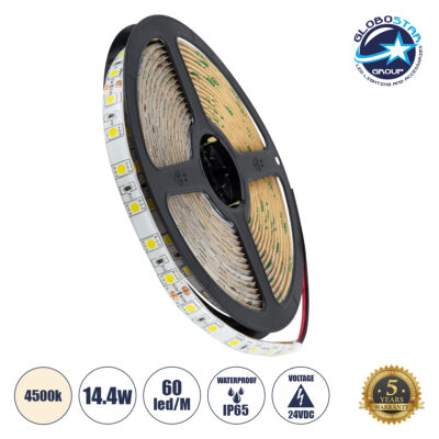 LEDTM® LUMAR 70321 Ταινία LED 14.4W/m 1368lm/m 120° DC 24V Αδιάβροχη IP65 60 x SMD5050 Chip/m Φυσικό Λευκό 4500K Dimmable - Sanan SMD Chip - Μ500 x Π1 x Υ0.2cm - Ρολό 5 Μέτρων - 5 Χρόνια Εγγύηση