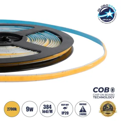 LEDTM® BEE 70357 Ταινία LED 9W/m 810lm/m 120° DC 24V IP20 384 x COB Chip/m Θερμό Λευκό 2700K Dimmable - Sanan COB Chip - Μ500 x Π0.5 x Υ0.2cm - Ρολό 5 Μέτρων - 5 Χρόνια Εγγύηση