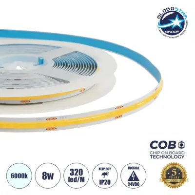 LEDTM® BEE 70359 Ταινία LED 8W/m 880lm/m 120° DC 24V IP20 320 x COB Chip/m Ψυχρό Λευκό 6000K Dimmable - Sanan COB Chip - Μ500 x Π0.8 x Υ0.2cm - Ρολό 5 Μέτρων - 5 Χρόνια Εγγύηση