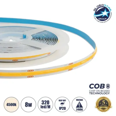 LEDTM® BEE 70360 Ταινία LED 8W/m 800lm/m 120° DC 24V IP20 320 x COB Chip/m Φυσικό Λευκό 4500K Dimmable - Sanan COB Chip - Μ500 x Π0.8 x Υ0.2cm - Ρολό 5 Μέτρων - 5 Χρόνια Εγγύηση