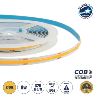 LEDTM® BEE 70361 Ταινία LED 8W/m 720lm/m 120° DC 24V IP20 320 x COB Chip/m Θερμό Λευκό 2700K Dimmable - Sanan COB Chip - Μ500 x Π0.8 x Υ0.2cm - Ρολό 5 Μέτρων - 5 Χρόνια Εγγύηση