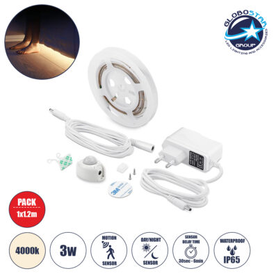 LEDTM® NIGHTSTEP 70400 Σετ Ταινίας με Αισθητήρα Κίνησης-Ημέρας-Νύχτας & Τροφοδοτικό LED 3W 300lm 120° AC 220-240V Αδιάβροχο IP65 36 x SMD2835 Φυσικό Λευκό 4500K - Sanan SMD Chip - Μ120 x Π0.8 x Υ0.2cm - 2 Χρόνια Εγγύηση