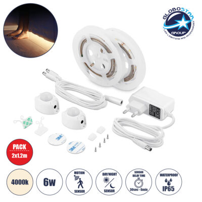 LEDTM® NIGHTSTEP 70401 Σετ Ταινίας με με Αισθητήρα Κίνησης-Ημέρας-Νύχτας & Τροφοδοτικό LED 6W 600lm 120° AC 220-240V Αδιάβροχο IP65 72 x SMD2835 Φυσικό Λευκό 4500K - Sanan SMD Chip - Μ240 x Π0.8 x Υ0.2cm - Δύο Ρολά 1.2 Μέτρων - 2 Χρόνια Εγγύηση