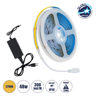 LEDTM® COBWAVE 70415 Σετ Ταινίας με Τροφοδοτικό LED 48W 4320lm 120° AC 220-240V IP20 1540 x COB Chip Θερμό Λευκό 2700K - Sanan COB Chip - Μ500 x Π1 x Υ0.2cm - Ρολό 5 Μέτρων - 2 Χρόνια Εγγύηση