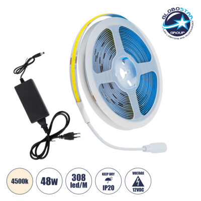LEDTM® COBWAVE 70416 Σετ Ταινίας με Τροφοδοτικό LED 48W 4800lm 120° AC 220-240V IP20 1540 x COB Chip Φυσικό Λευκό 4500K - Sanan COB Chip - Μ500 x Π1 x Υ0.2cm - Ρολό 5 Μέτρων - 2 Χρόνια Εγγύηση