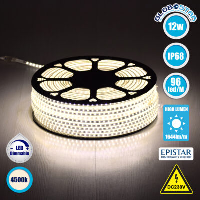 LEDTM® EPISLIM 70501 Ταινία LED 12W/m 1140lm/m 120° DC 220-240V Αδιάβροχη IP65 96 x SMD2835 Chip/m Φυσικό Λευκό 4500K Dimmable - Epistar SMD Chip - Μ100 x Π1 x Υ0.5cm - 3 Χρόνια Εγγύηση
